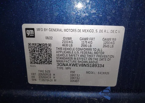 2022 Chevrolet Equinox Rs from USA, damaged, VIN 3GNAXWEV8NS189334